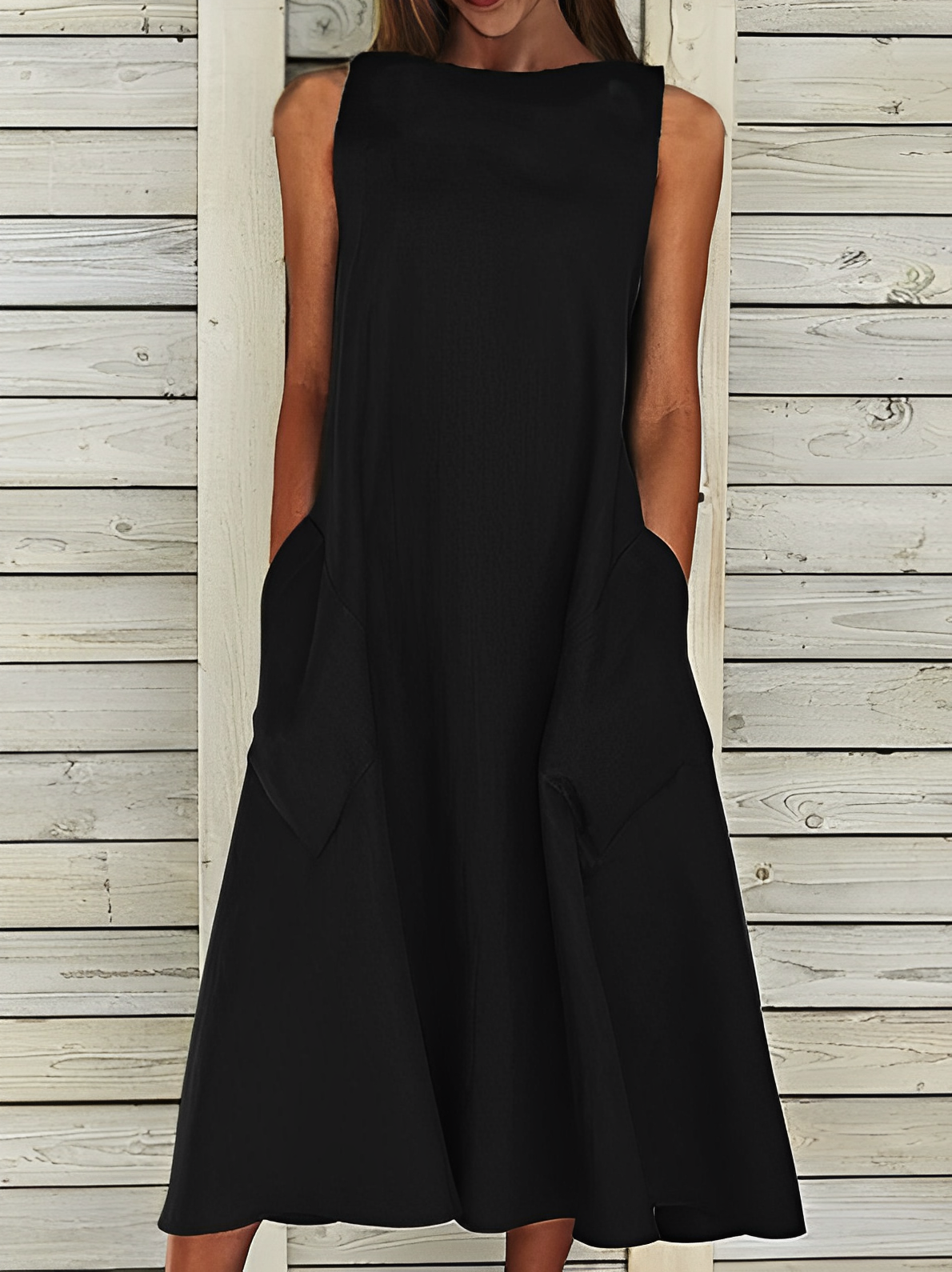 Femme Robe Midi sans Manches col Rond avec Poches