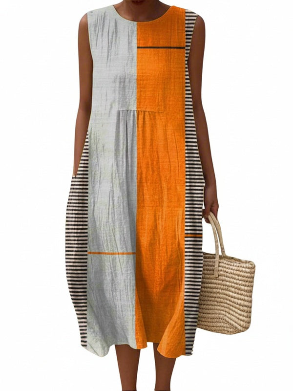 Femme Robe Midi Sans Manches Col Rond Colorblock à Rayures