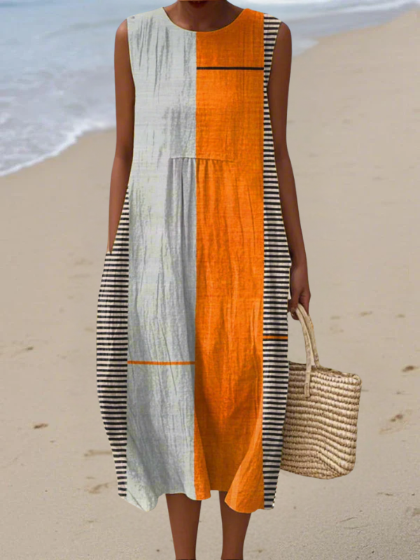 Femme Robe Midi Sans Manches Col Rond Colorblock à Rayures