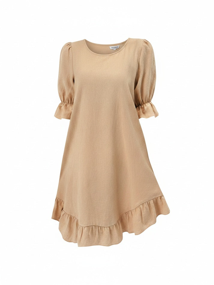 Femme Robe Midi Trapèze avec Col Rond et Manches Bouffantes à Volants