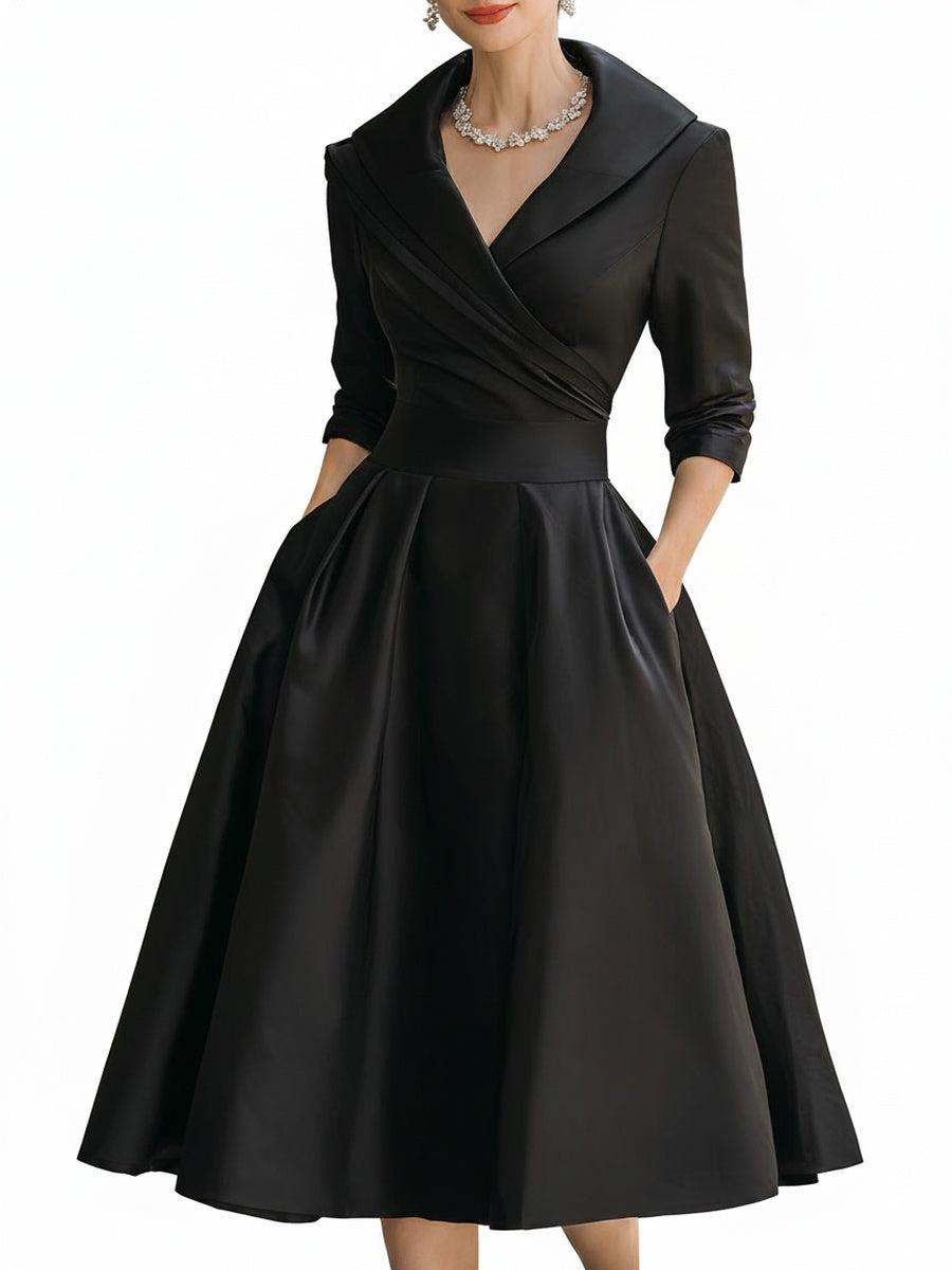 Femme Robe Midi Vintage à Col Châle Croisé et Jupe A-line avec Poches