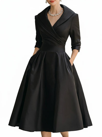 Femme Robe Midi Vintage à Col Châle Croisé et Jupe A-line avec Poches