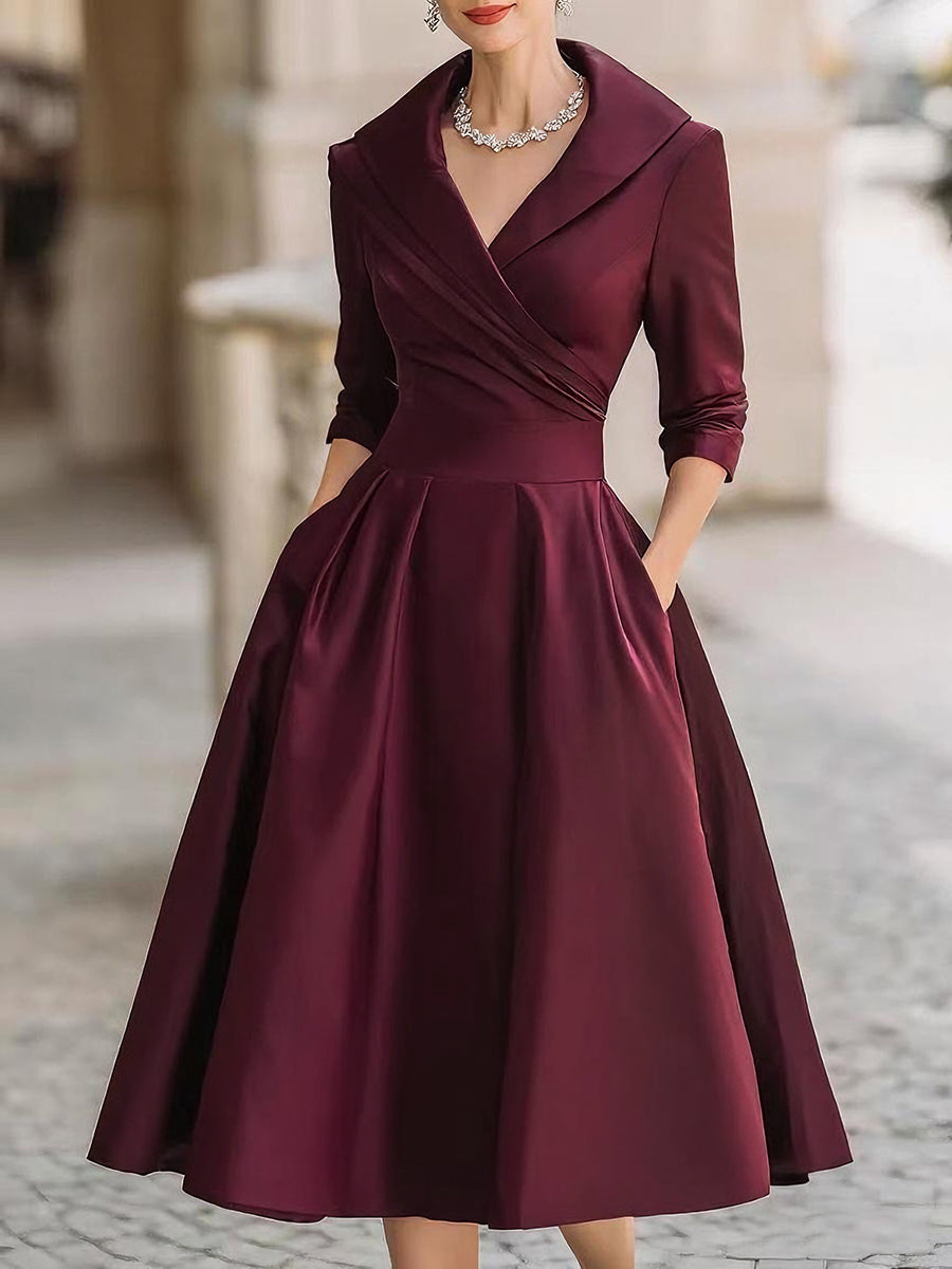 Femme Robe Midi Vintage à Col Châle Croisé et Jupe A-line avec Poches