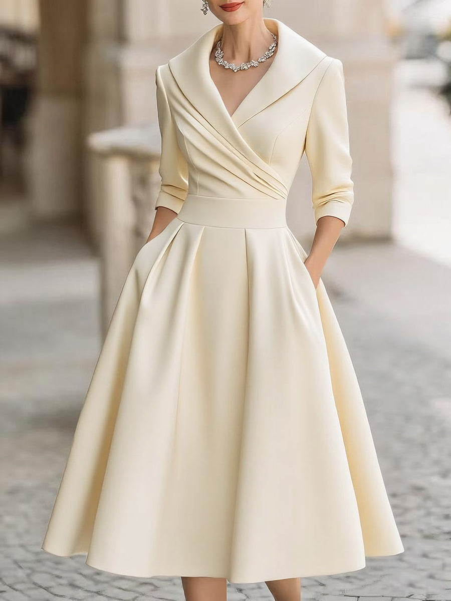Femme Robe Midi Vintage à Col Châle Croisé et Jupe A-line avec Poches