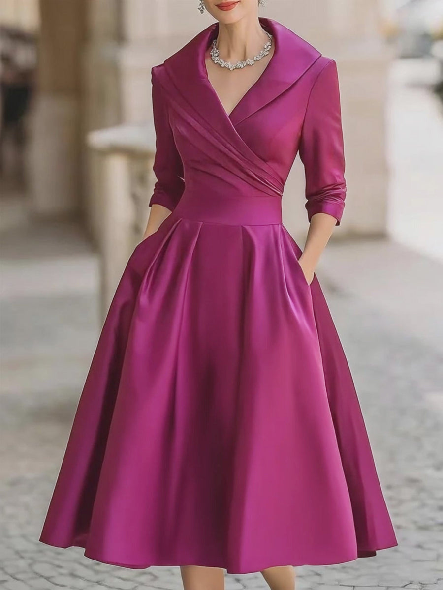 Femme Robe Midi Vintage à Col Châle Croisé et Jupe A-line avec Poches
