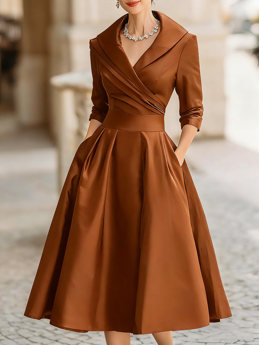 Femme Robe Midi Vintage à Col Châle Croisé et Jupe A-line avec Poches