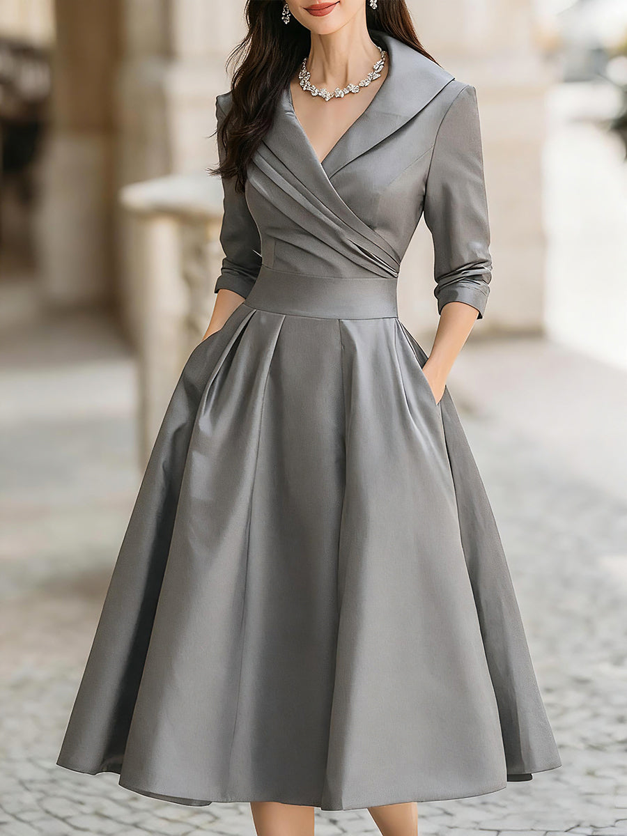 Femme Robe Midi Vintage à Col Châle Croisé et Jupe A-line avec Poches