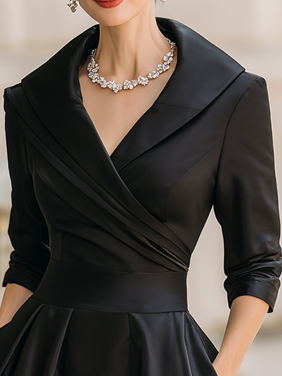 Femme Robe Midi Vintage à Col Châle Croisé et Jupe A-line avec Poches