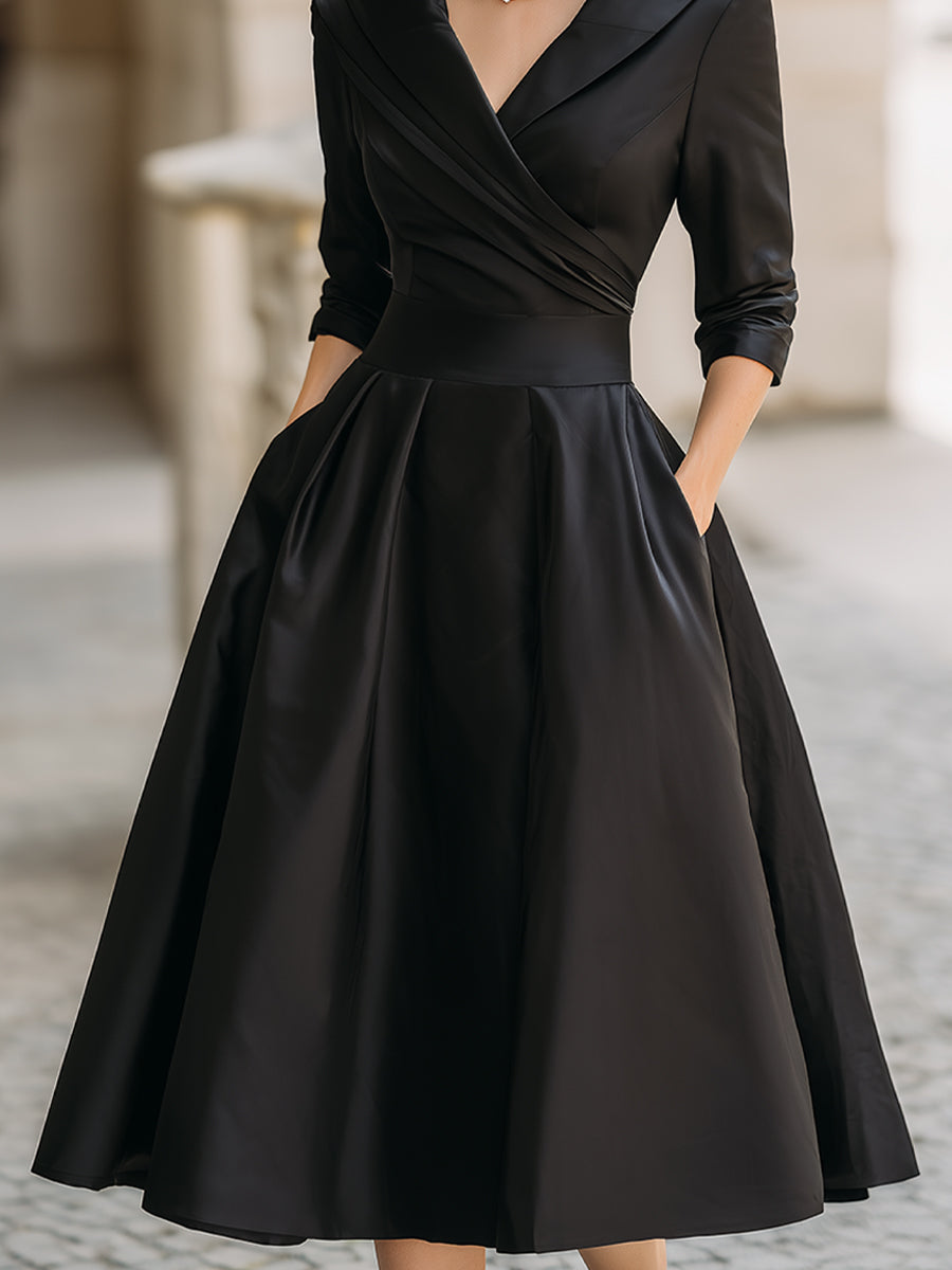 Femme Robe Midi Vintage à Col Châle Croisé et Jupe A-line avec Poches
