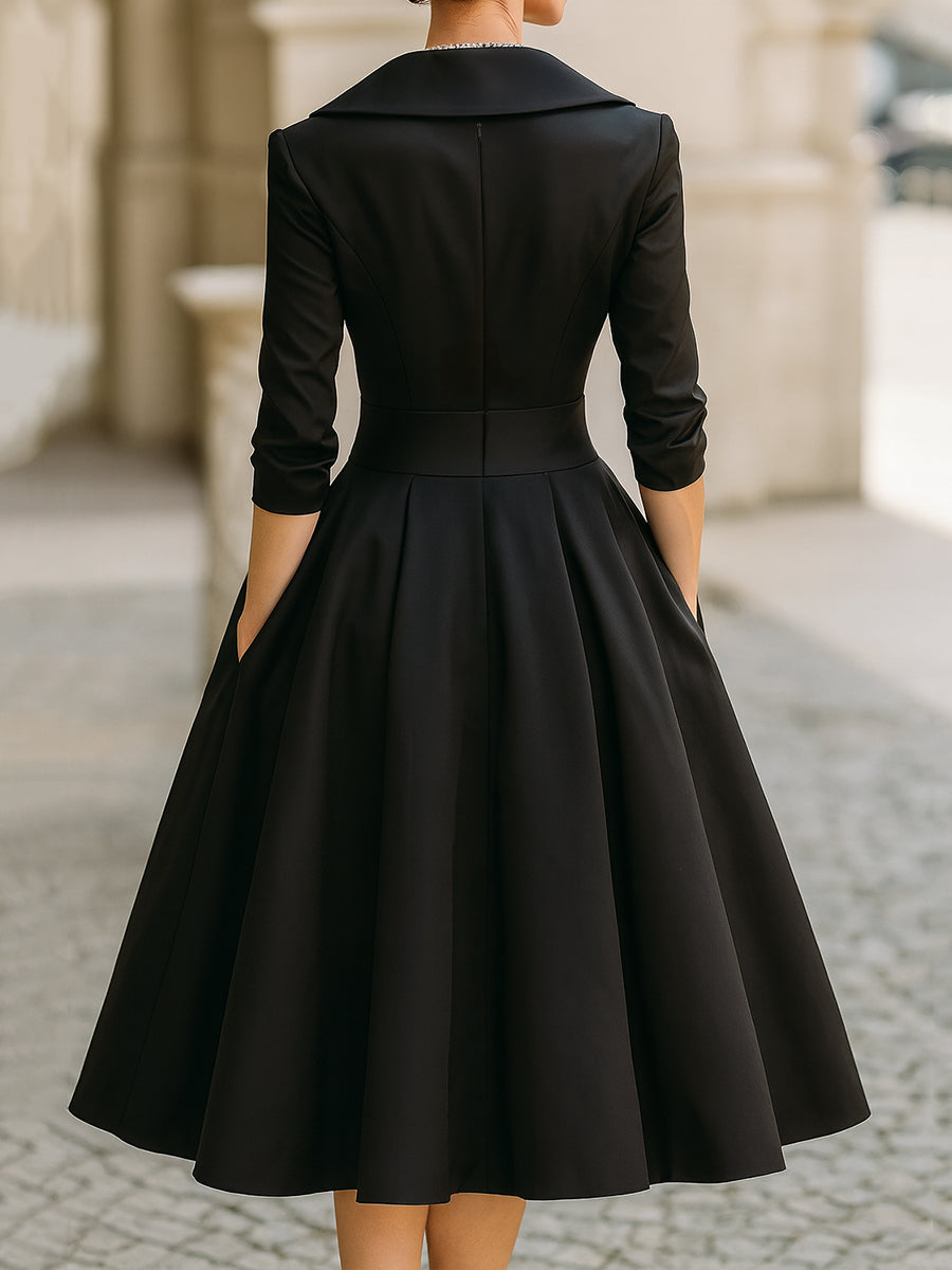 Femme Robe Midi Vintage à Col Châle Croisé et Jupe A-line avec Poches