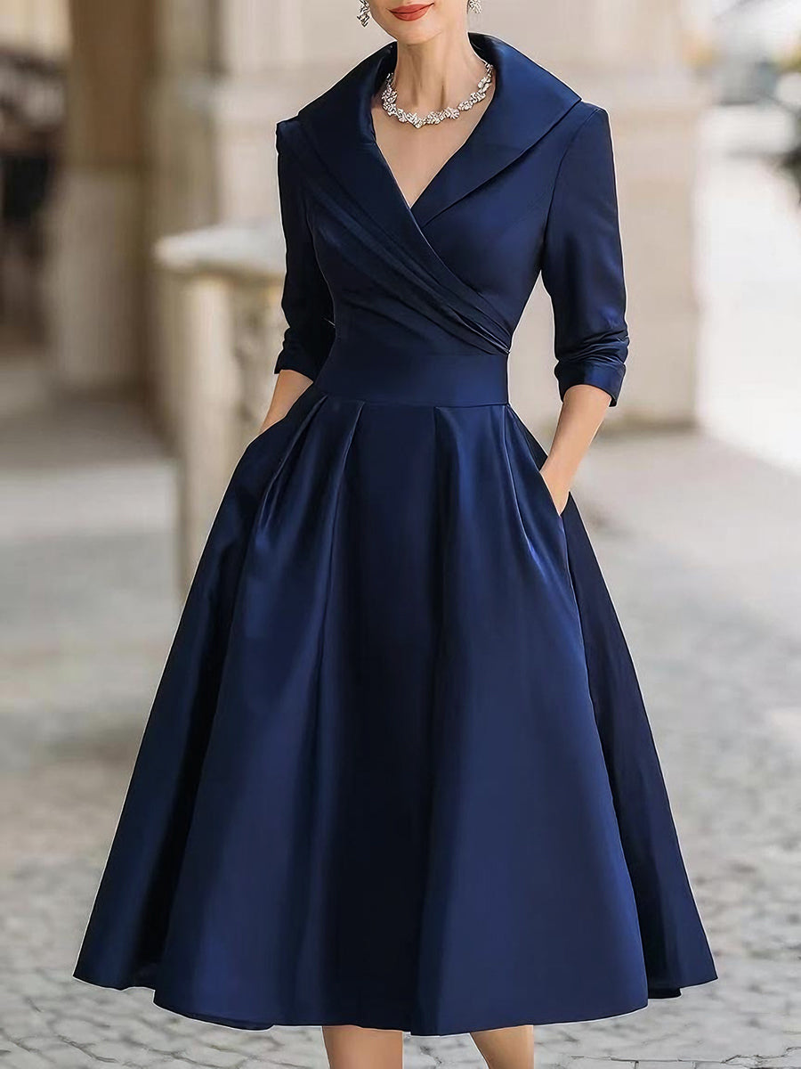 Femme Robe Midi Vintage à Col Châle Croisé et Jupe A-line avec Poches