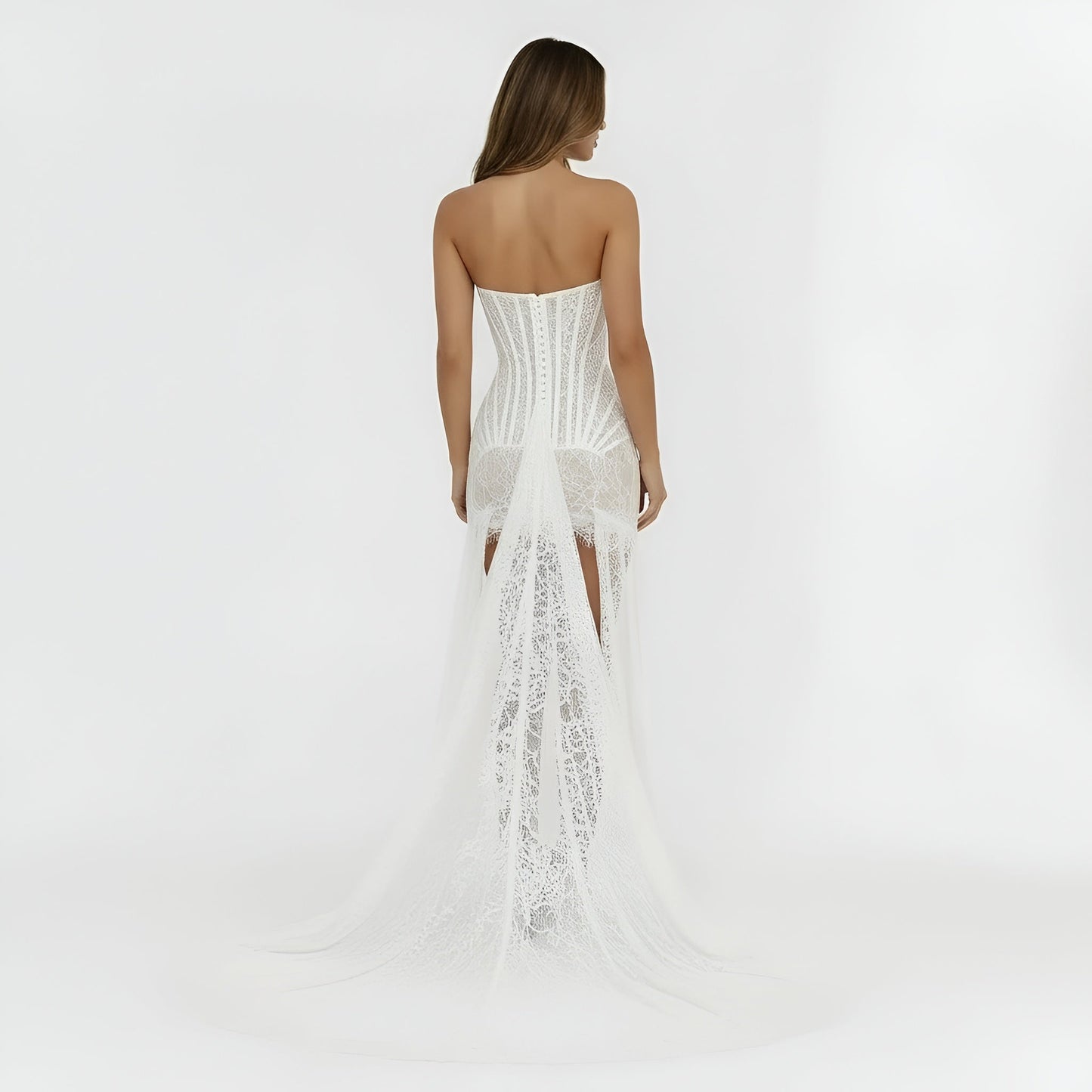 Femme Robe Mini Bustier sans Bretelles en Dentelle avec Traîne