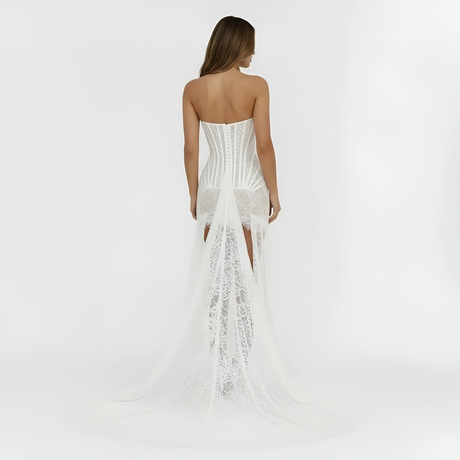 Femme Robe Mini Bustier sans Bretelles en Dentelle avec Traîne