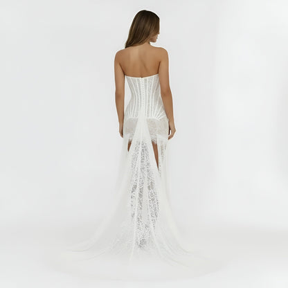 Femme Robe Mini Bustier sans Bretelles en Dentelle avec Traîne
