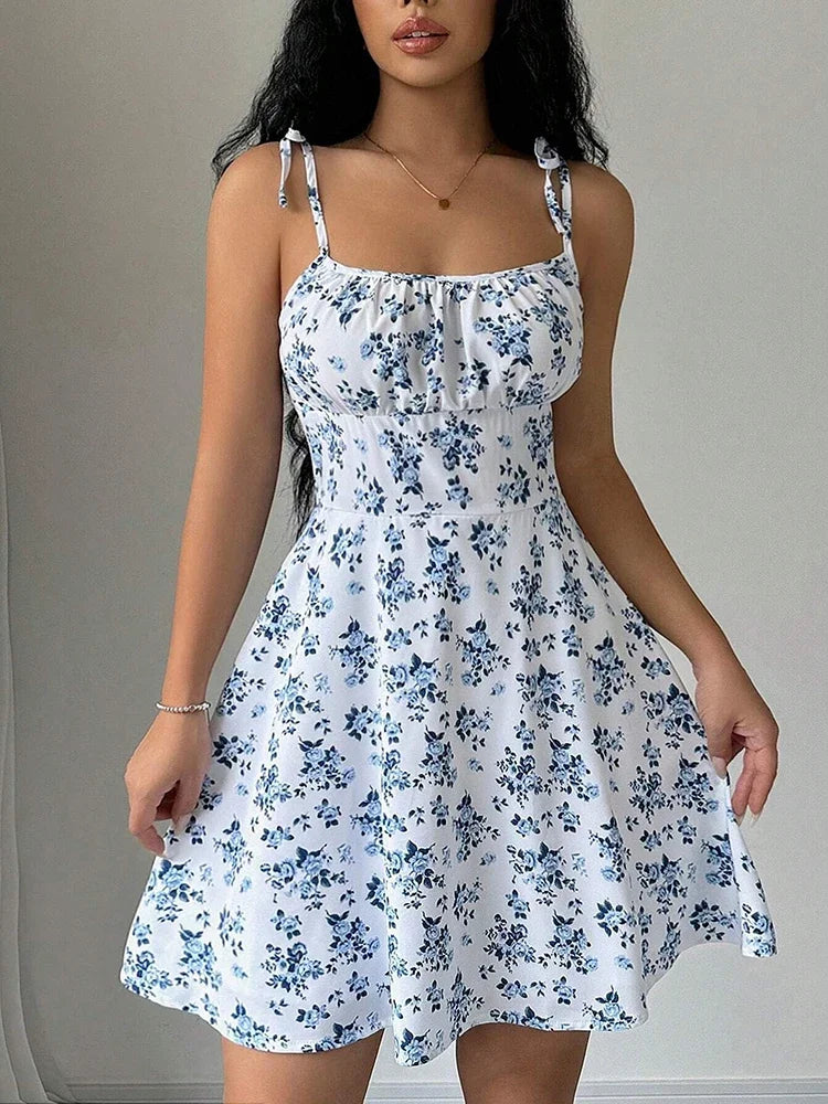 Femme Robe Mini Fleurie à Bretelles Nouées et Col Carré avec Jupe A-ligne