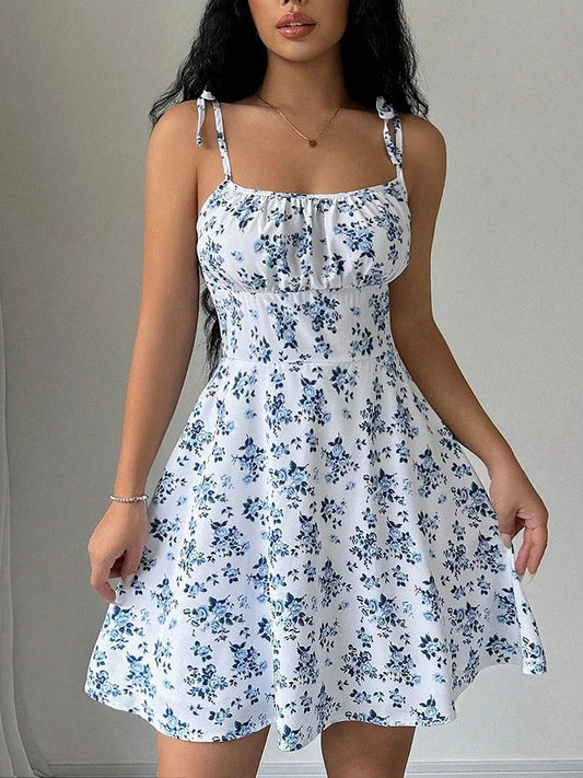 Femme Robe Mini Fleurie à Bretelles Nouées et Col Carré avec Jupe A-ligne