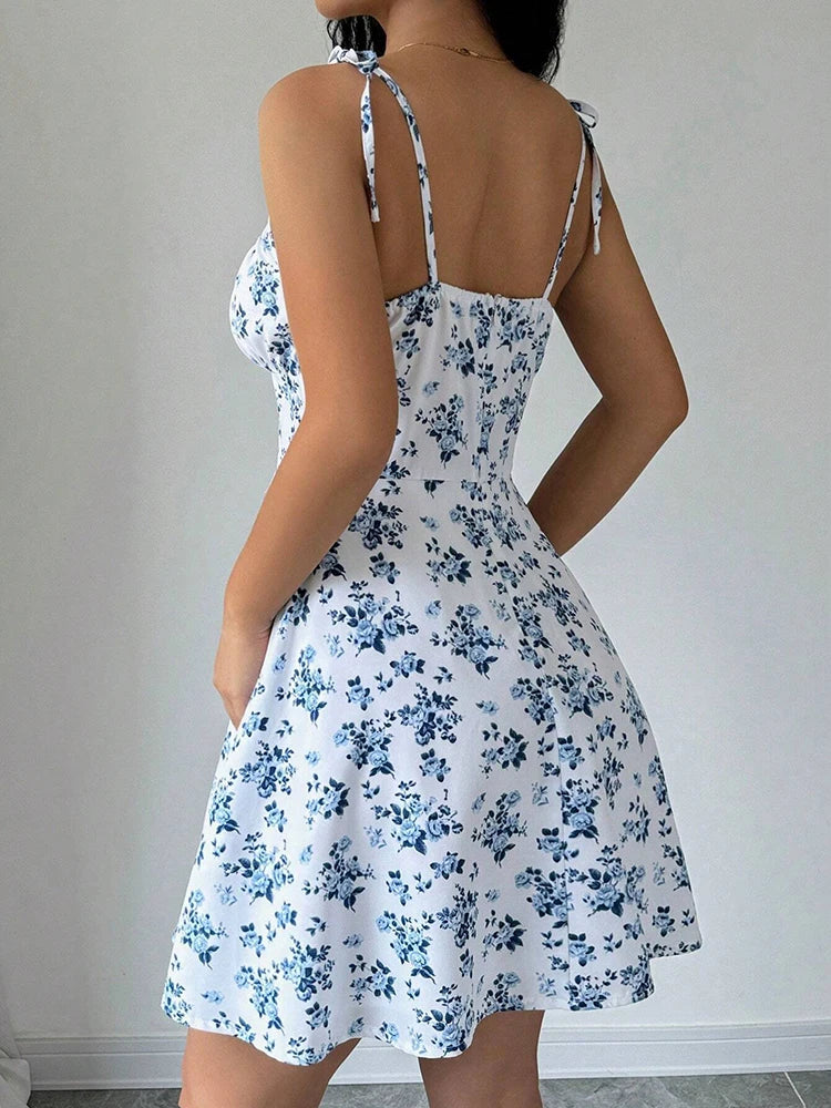 Femme Robe Mini Fleurie à Bretelles Nouées et Col Carré avec Jupe A-ligne