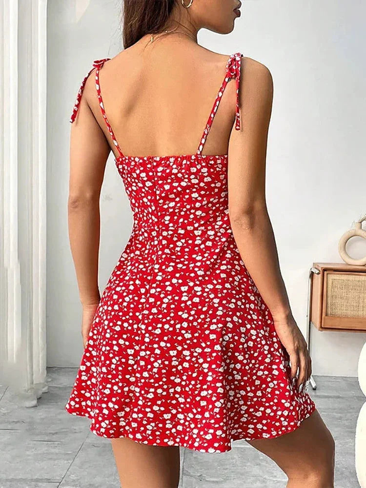 Femme Robe Mini Fleurie à Bretelles Nouées et Col Carré avec Jupe A-ligne