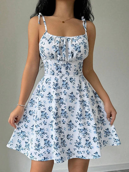 Femme Robe Mini Fleurie à Bretelles Nouées et Col Carré avec Jupe A-ligne
