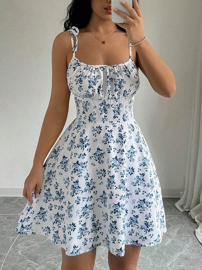 Femme Robe Mini Fleurie à Bretelles Nouées et Col Carré avec Jupe A-ligne