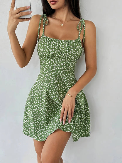 Femme Robe Mini Florale sans Manches à Bretelles Nouées et Col Carré en A-line