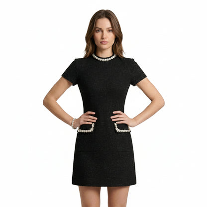 Femme Robe Mini Manches Courtes avec Col Rond et Bordure Perles