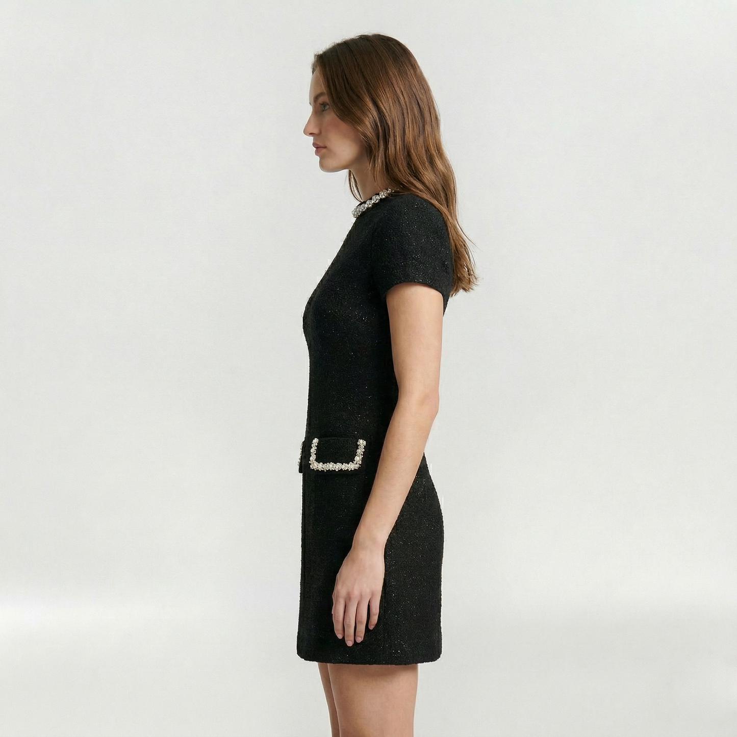 Femme Robe Mini Manches Courtes avec Col Rond et Bordure Perles