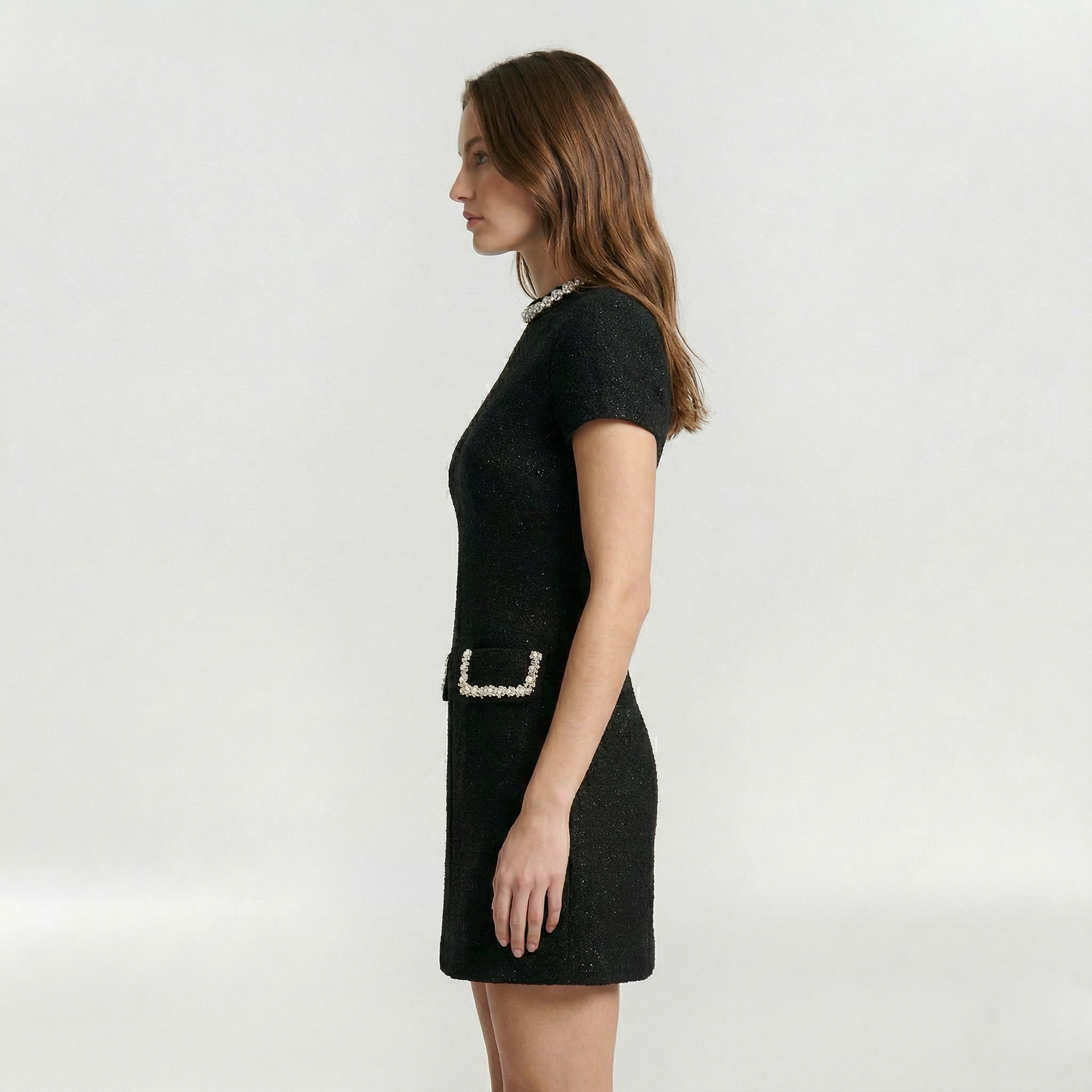 Femme Robe Mini Manches Courtes avec Col Rond et Bordure Perles