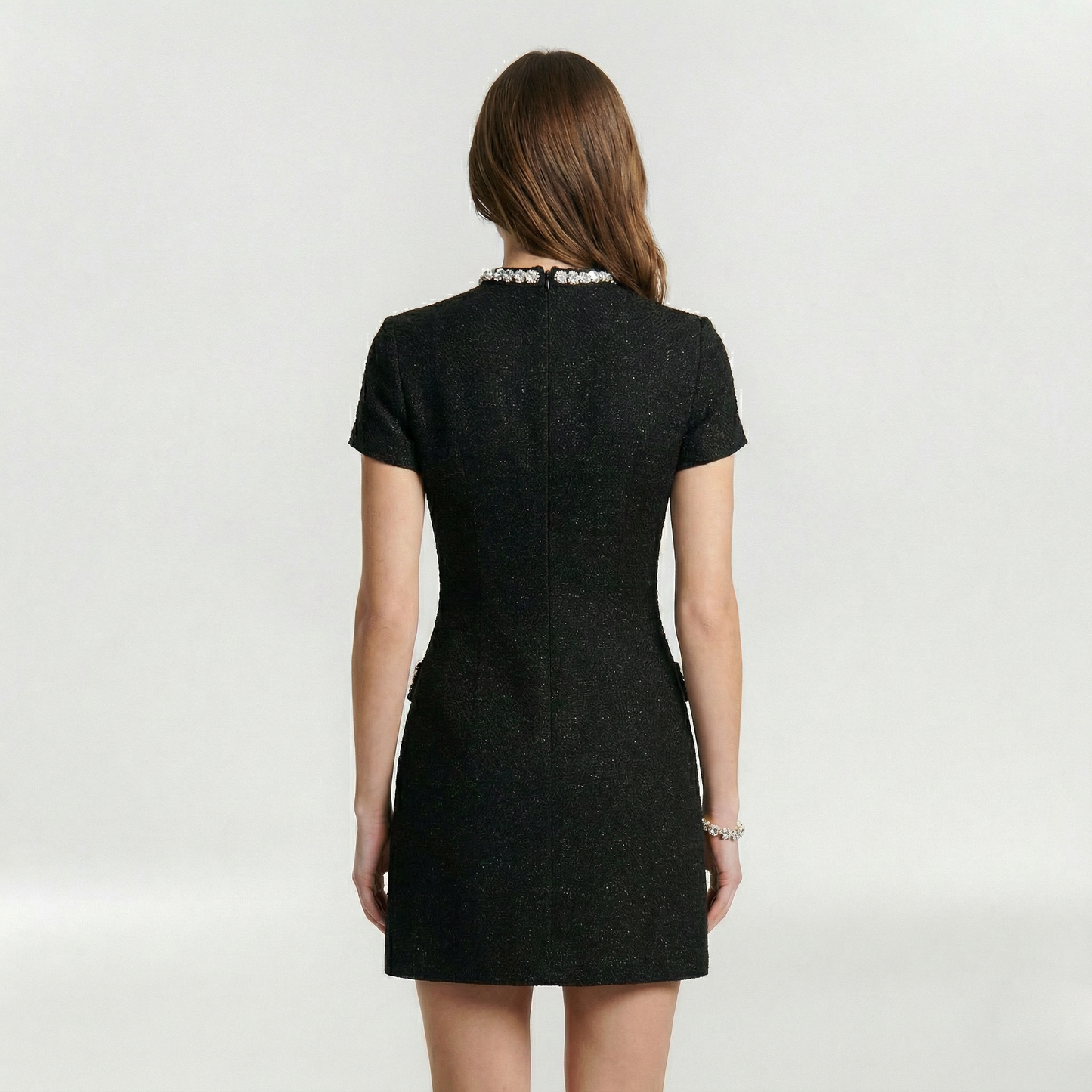 Femme Robe Mini Manches Courtes avec Col Rond et Bordure Perles