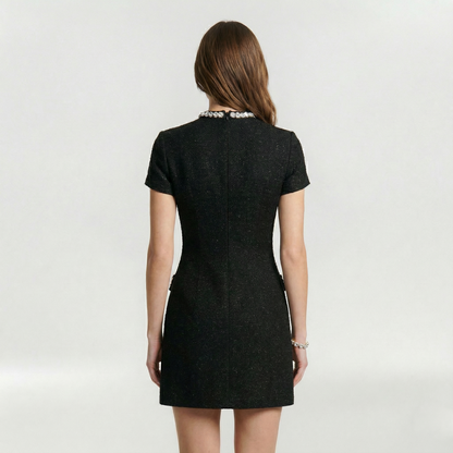 Femme Robe Mini Manches Courtes avec Col Rond et Bordure Perles