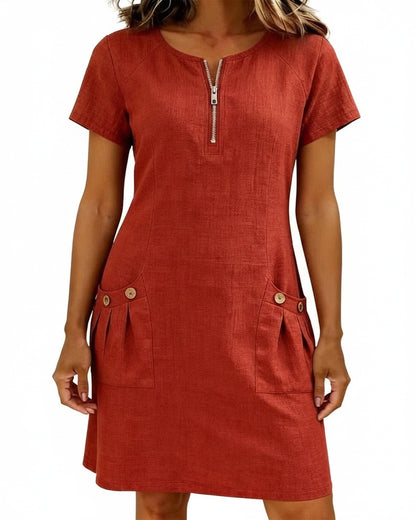 Femme Robe Mini Manches Courtes avec Col Zippé et Poches Plissées