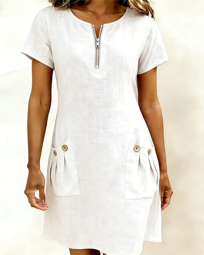Femme Robe Mini Manches Courtes avec Col Zippé et Poches Plissées