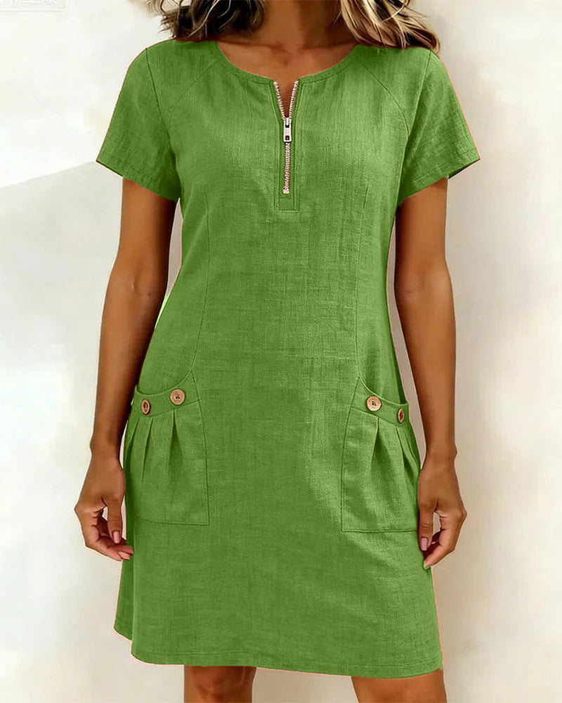 Femme Robe Mini Manches Courtes avec Col Zippé et Poches Plissées