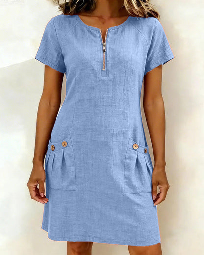 Femme Robe Mini Manches Courtes avec Col Zippé et Poches Plissées