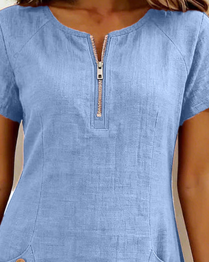 Femme Robe Mini Manches Courtes avec Col Zippé et Poches Plissées