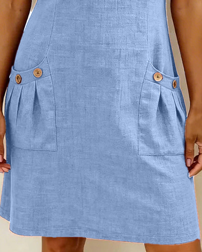 Femme Robe Mini Manches Courtes avec Col Zippé et Poches Plissées