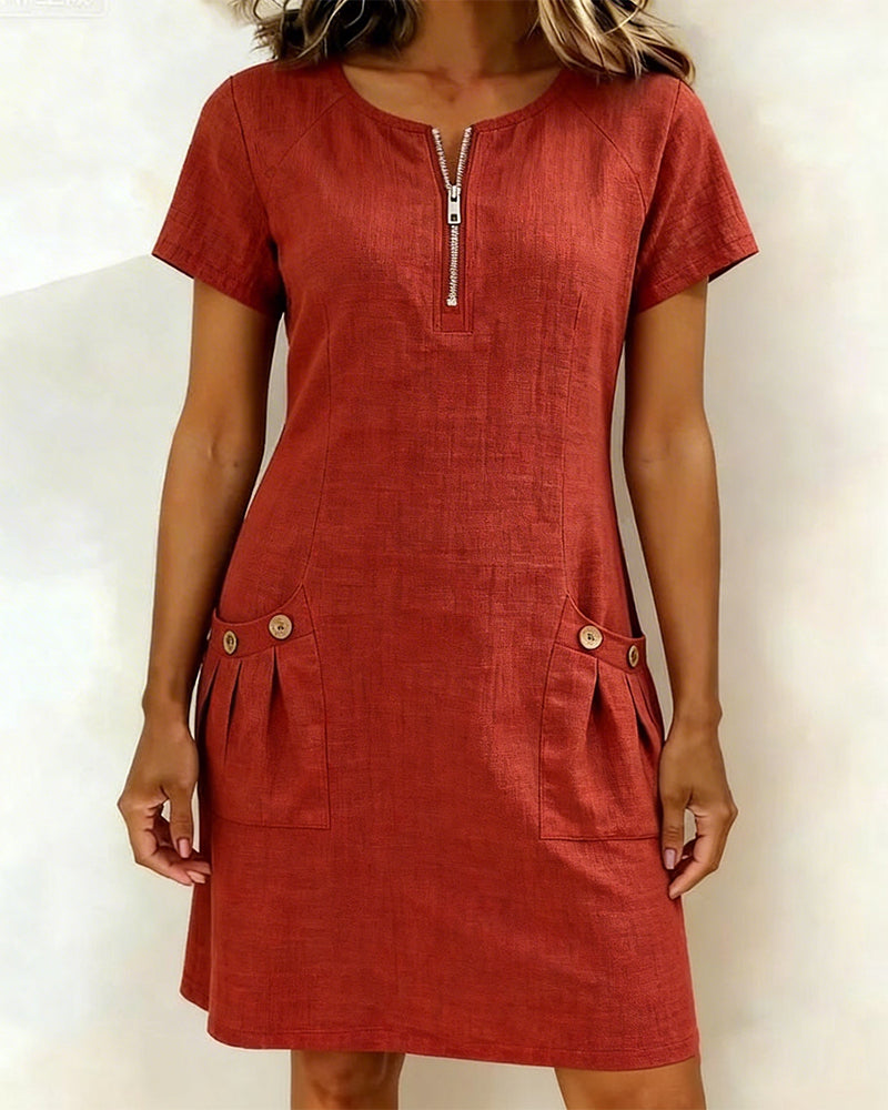 Femme Robe Mini Manches Courtes avec Col Zippé et Poches Plissées