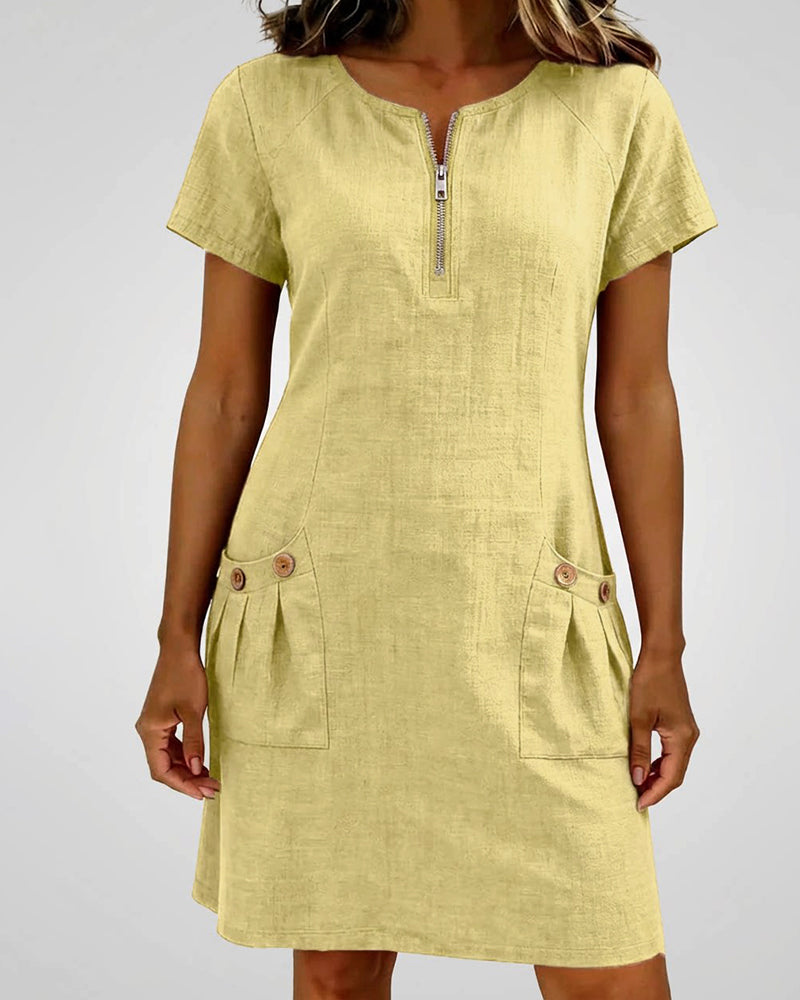 Femme Robe Mini Manches Courtes avec Col Zippé et Poches Plissées