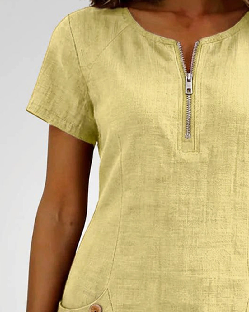 Femme Robe Mini Manches Courtes avec Col Zippé et Poches Plissées