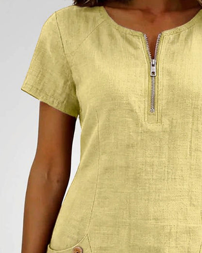 Femme Robe Mini Manches Courtes avec Col Zippé et Poches Plissées