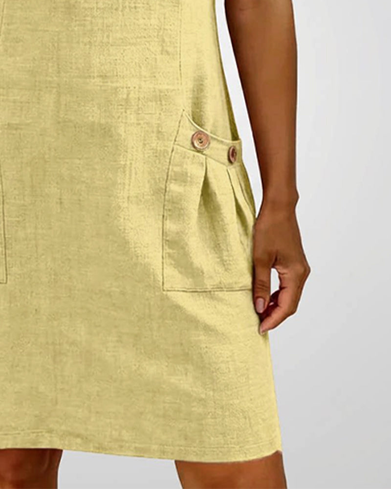 Femme Robe Mini Manches Courtes avec Col Zippé et Poches Plissées
