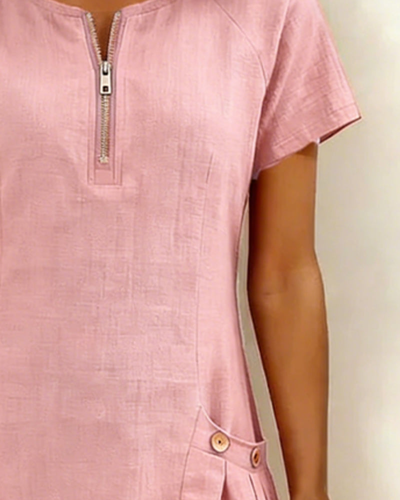 Femme Robe Mini Manches Courtes avec Col Zippé et Poches Plissées