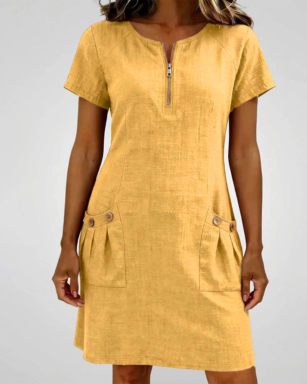 Femme Robe Mini Manches Courtes avec Col Zippé et Poches Plissées