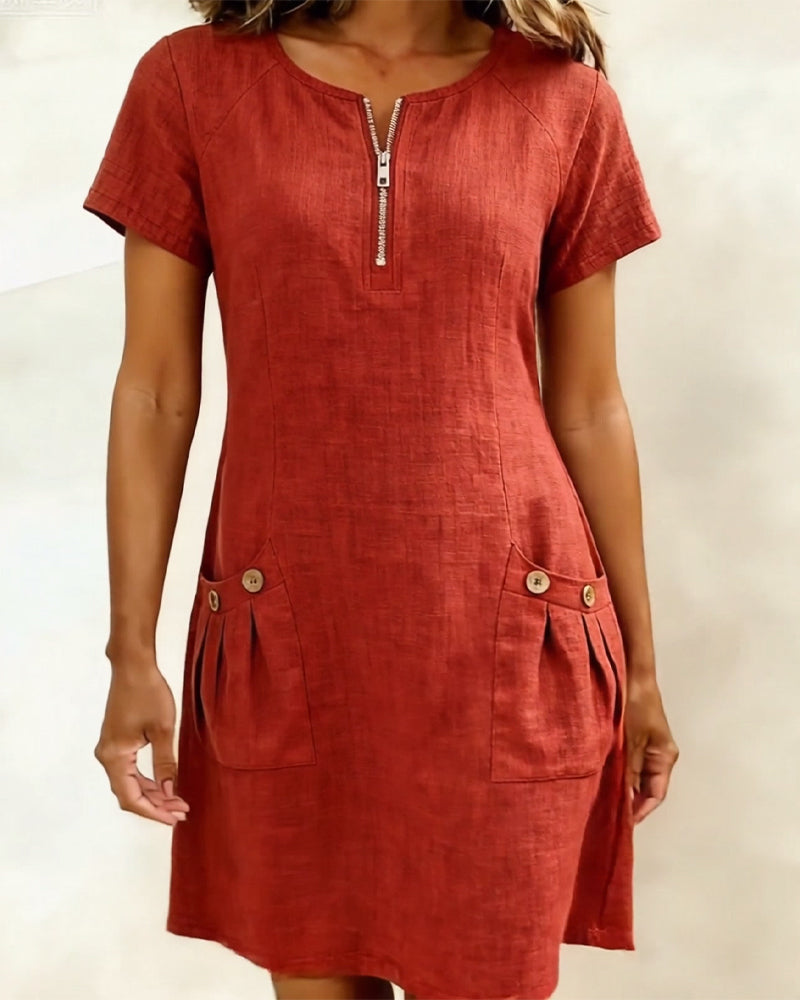 Femme Robe Mini Manches Courtes avec Col Zippé et Poches Plissées