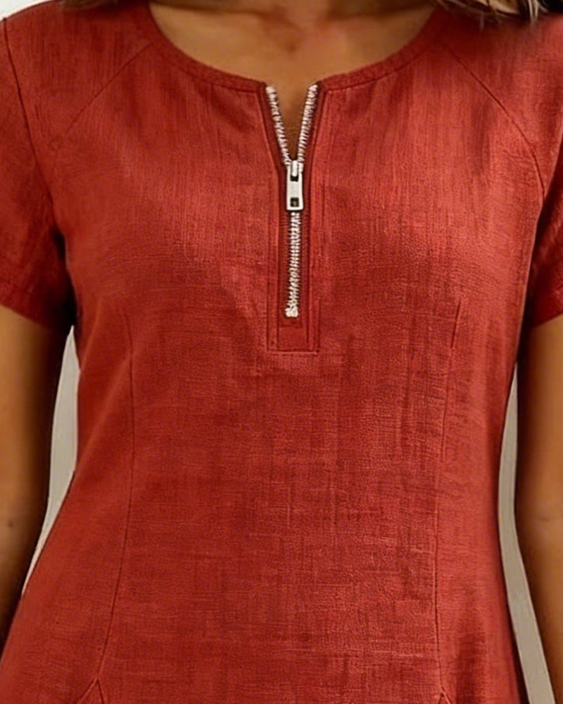Femme Robe Mini Manches Courtes avec Col Zippé et Poches Plissées