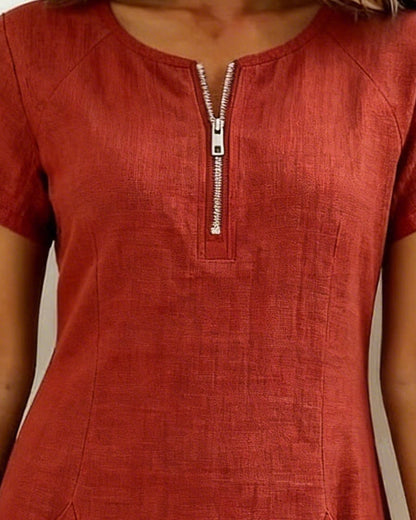 Femme Robe Mini Manches Courtes avec Col Zippé et Poches Plissées