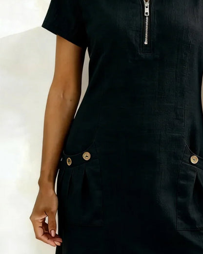 Femme Robe Mini Manches Courtes avec Col Zippé et Poches Plissées