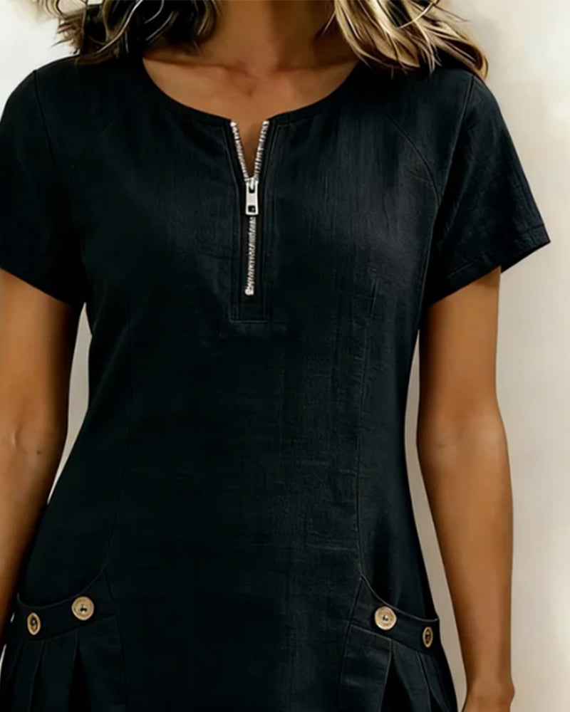 Femme Robe Mini Manches Courtes avec Col Zippé et Poches Plissées