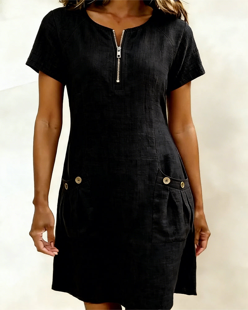 Femme Robe Mini Manches Courtes avec Col Zippé et Poches Plissées