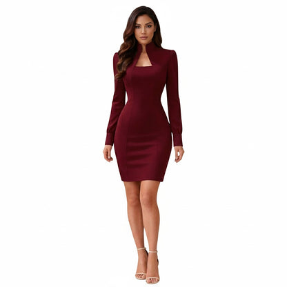 Femme Robe Moulante Courte Manches Longues col Montant et Décolleté Carré